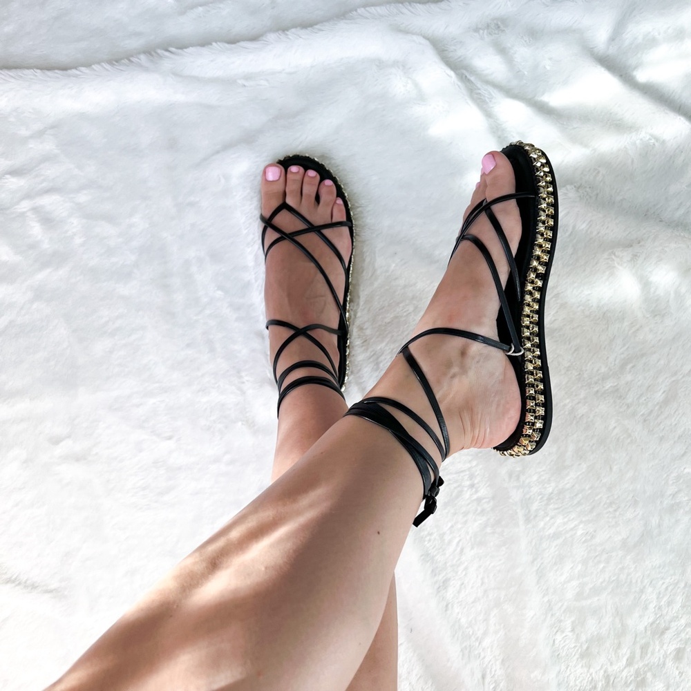 NIB | Via Delle Ville Made in Italy Leather Greek Sandals Black Gold Studs 40IT